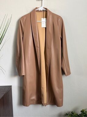 THML NWT Faux Leather Open Front Duster Jacket Camel Small